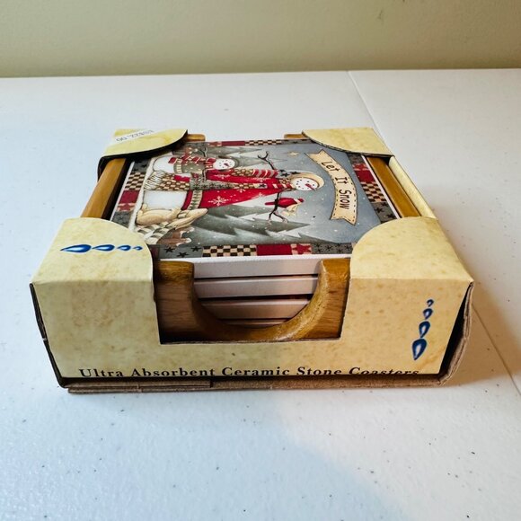 Christmas Ceramic Stone Coasters Set Of 4 Snowman Winter Coasters with holder - Picture 2 of 3